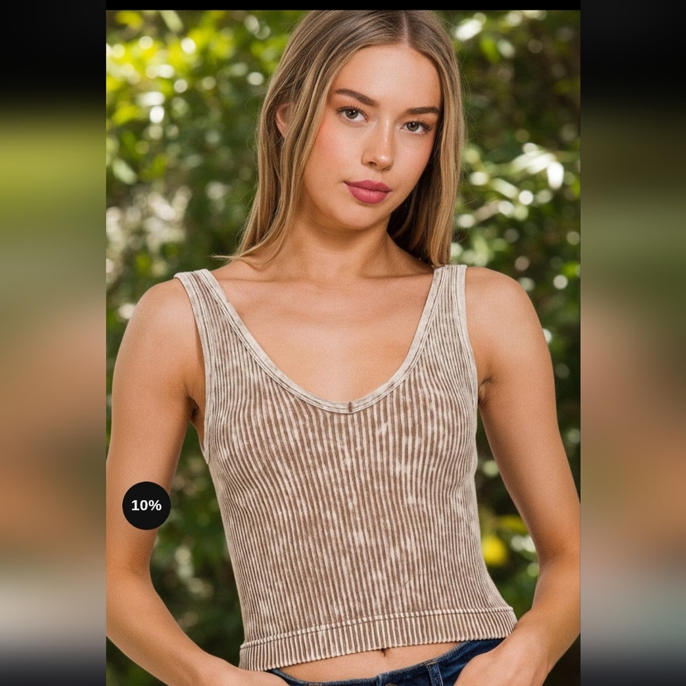 Zenana Boutique Washed Ribbed Cropped Tank Top w 2-Way Neckline L/XL Sealed